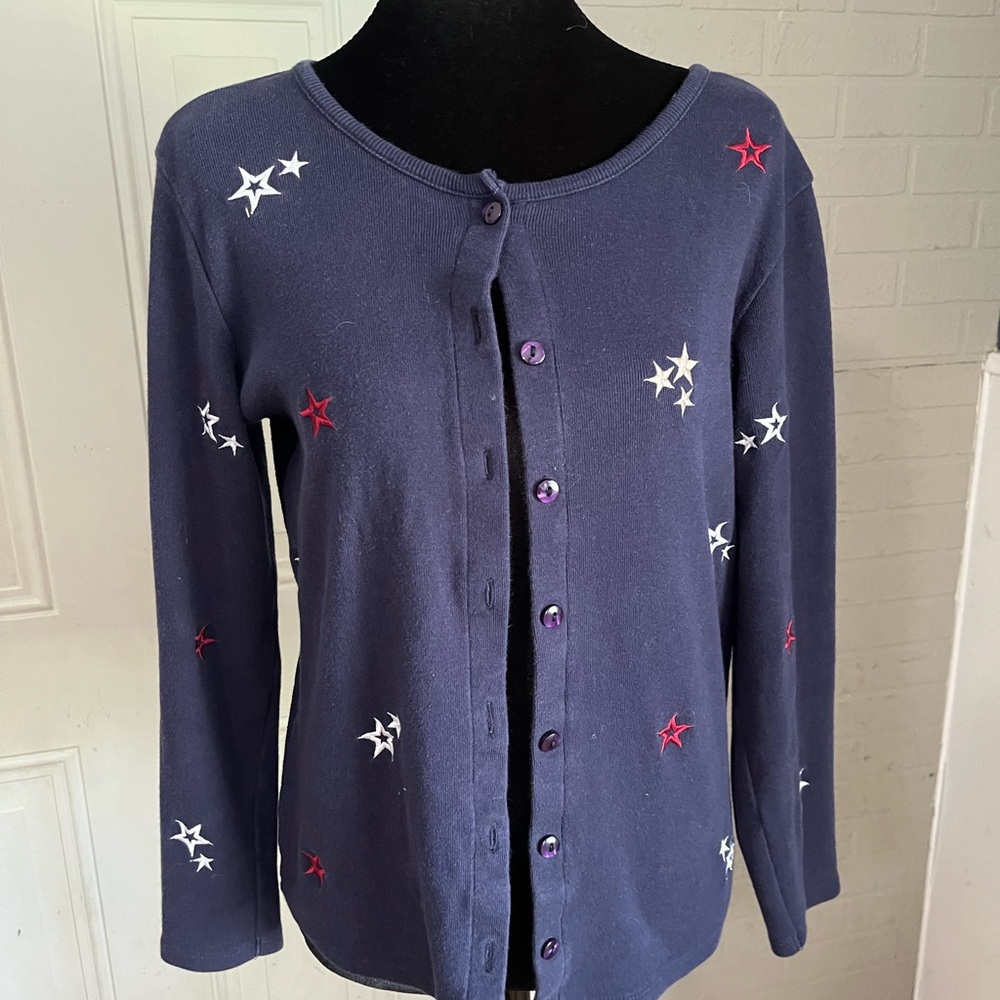 Star Embroidered Navy Button-Front Cardigan Sweater